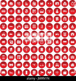 100 property icons set red Stock Vector