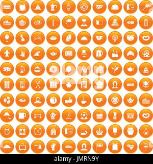 100 tea time food icons set orange Stock Vector