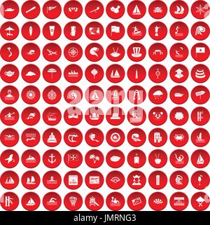 100 sailing vessel icons set red Stock Vector