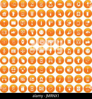 100 touch screen icons set orange Stock Vector