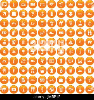 100 tourism icons set orange Stock Vector