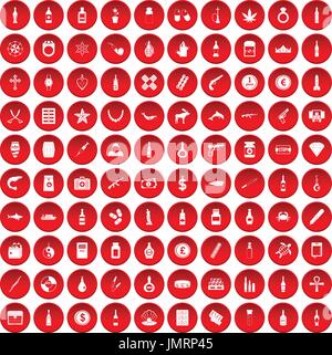 100 smuggling goods icons set red Stock Vector