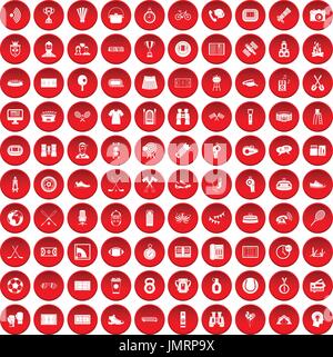 100 sport journalist icons set red Stock Vector