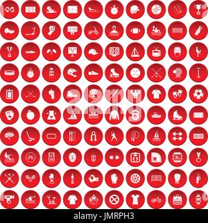 100 sport team icons set red Stock Vector