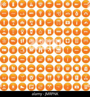 100 travel time icons set orange Stock Vector