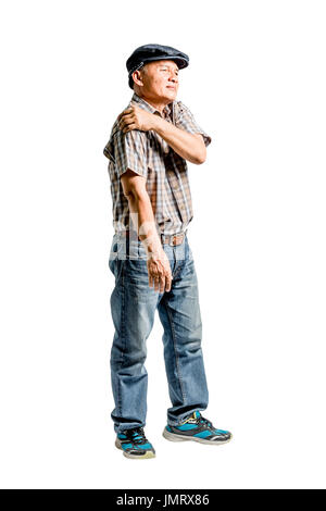 portrait of a mature man with a shoulder ache. Isolated full length on white background with clipping path Stock Photo