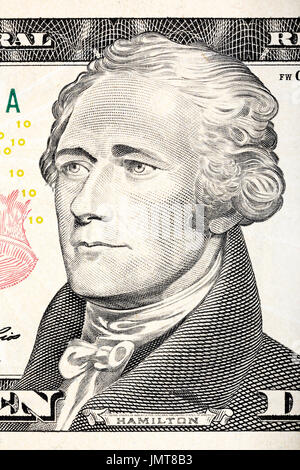 Alexander Hamilton portrait from ten dollar bill close-up. Stock Photo