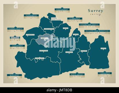 Modern Map - Surrey county with district labels England UK illustration Stock Vector