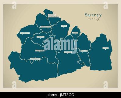 Modern Map - Surrey county with cities and districts England UK illustration Stock Vector