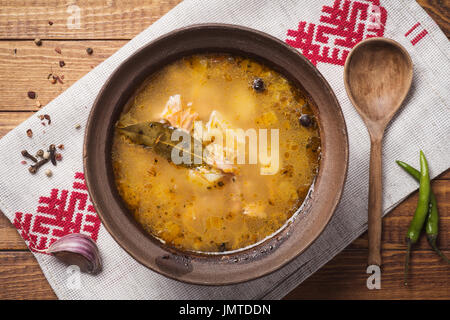 National Russian fish soup. Top view Stock Photo