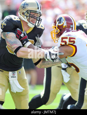 Washington Redskins Jason Taylor is seen on the sidelines during the fourth  quarter of their pre-season game against the Buffalo Bills at FedEx Field  in Landover, Maryland on August 9, 2008. (UPI