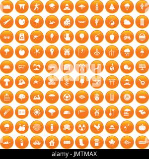 100 tree icons set orange Stock Vector