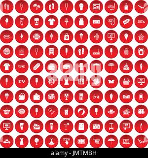 100 summer shopping icons set red Stock Vector