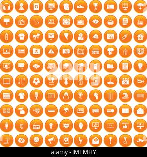 100 TV icons set orange Stock Vector