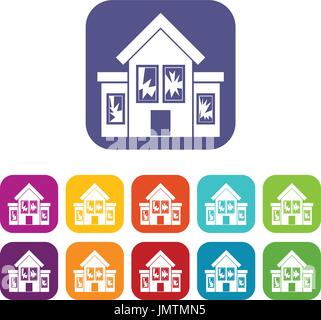 House with broken windows icons set Stock Vector