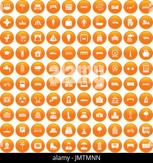 100 urban icons set orange Stock Vector