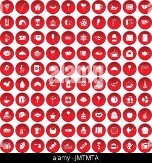 100 tea party icons set red Stock Vector