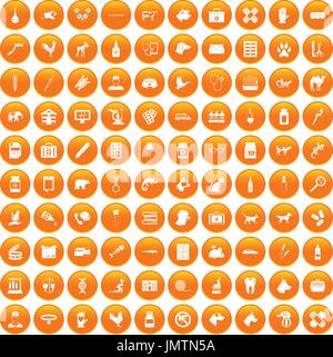 100 veterinary icons set orange Stock Vector
