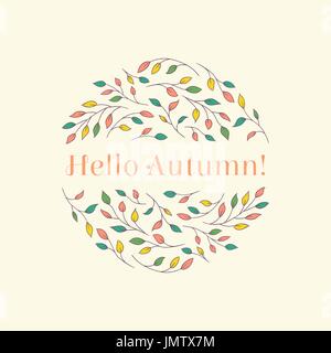 Elegant tree branches arranged in a circle with a "Hello Autumn!" inscription. Seasonal autumn concept in delicate muted colors. Stock Vector