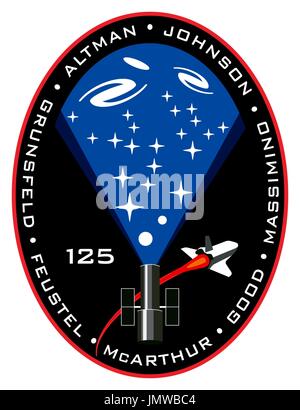 Houston, TX - (FILE) -- This STS-125 crew patch from December, 2007 shows HST along with a representation of its many scientific discoveries. The overall structure and composition of the Universe is shown in blue and filled with planets, stars, and galaxies. The black background is indicative of the mysteries of dark-energy and dark-matter. The new instruments to be installed on HST during this mission, Wide Field Camera-3 and the Cosmic Origins Spectrograph, will make observations to help understand these unseen components which seem to dominate the structure of the Universe. The red border o