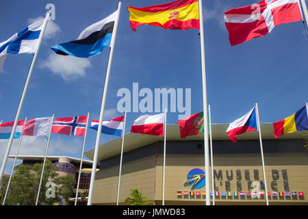 Upside down Estonian flag at the European Space Agency, French Guiana Stock Photo