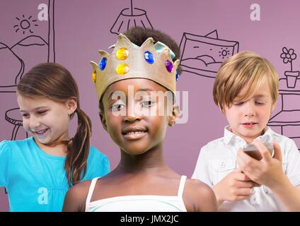 Digital composite of Girl wearing crown with friends in front of purple background with home graphics Stock Photo