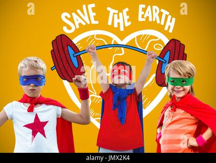Digital composite of Superhero kids with blank yellow background and save the earth graphics Stock Photo