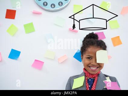 Digital composite of Happy office kid girl with graduation cap icon Stock Photo