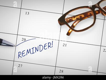 Digital composite of Reminder Text written on calendar with marker Stock Photo