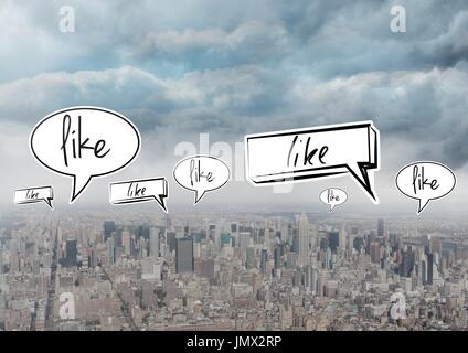 Digital composite of Like speech bubbles over city Stock Photo