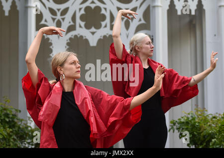 A rehearsal of Pablo Bronstein's ballet The Rose Walk is performed by classically trained dancers Rosalie Wahlfrid and Emilia Gasiorek (left) at the Jupiter Artland in West Lothian, which was commissioned for this year's Edinburgh Art Festival. Stock Photo