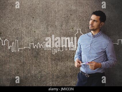 Digital composite of Confused business man standing against grey wall background with city icons Stock Photo