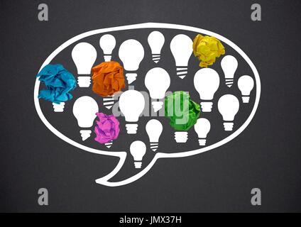 Digital composite of light bulbs chat bubble with crumpled paper balls in front of blackboard Stock Photo