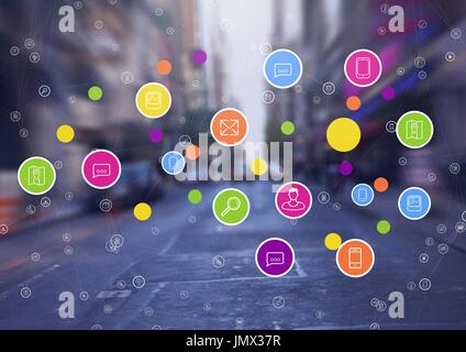 Digital composite of City with colorful icons Stock Photo