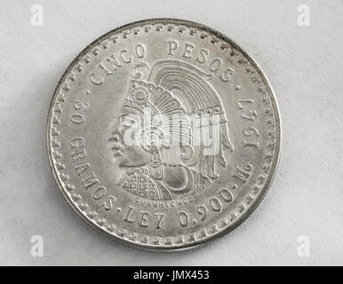 Five pesos Mexican Hidalgo Cuauhtemoc silver coin. Stock Photo