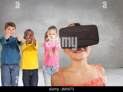 Digital composite of Kids pointing at girl with VR headset in grey room Stock Photo