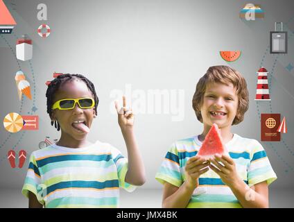 Digital composite of Boys with watermelon and sunglasses in front of grey background and holiday graphics Stock Photo