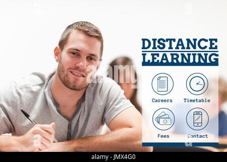 Digital composite of Education and distance learning text and icons and man sitting Stock Photo