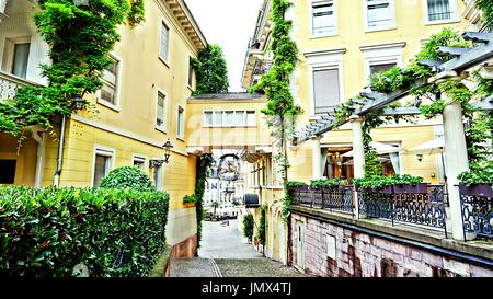 Yellow buildings and passage way with green plants in Baden-Baden, Baden-Württemberg , Germany Stock Photo