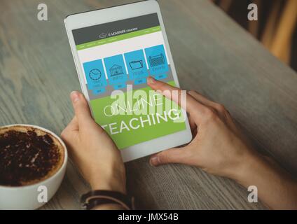 Digital composite of Person using a tablet with e-learning information in the screen Stock Photo