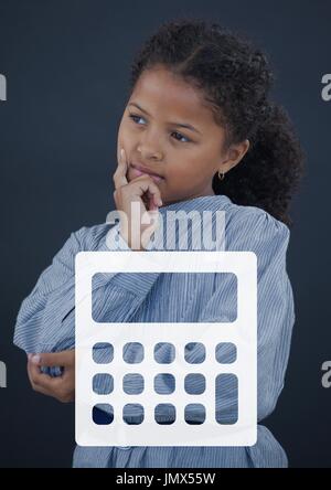 Digital composite of Calculator icon against office kid girl thinking background Stock Photo