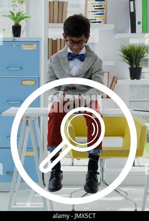 Digital composite of Magnifying glasses icon against office kid boy using a phone background Stock Photo