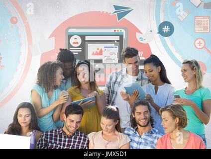 Digital composite of Group of students reading in front of social media graphics Stock Photo