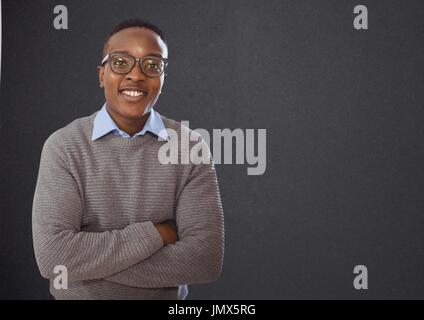 Digital composite of Man standing next in front of blackboard Stock Photo