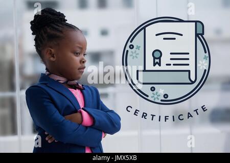 Digital composite of Education icons against office kid girl thinking background Stock Photo