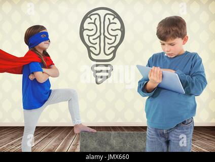 Digital composite of Boy on tablet and superhero girl in room with light bulb brain graphic Stock Photo