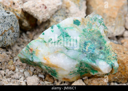 Malachite, it is a copper carbonate hydroxide mineral, The ruins at Copper Mine point, Virgin Gorda Island, British Virgin Islands, Caribbean Stock Photo