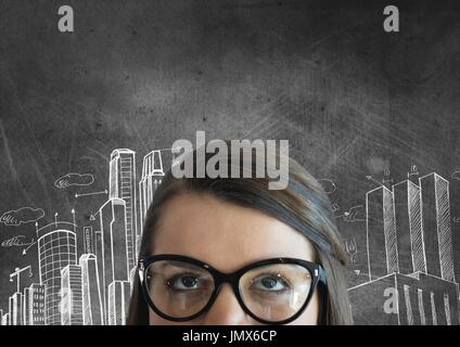 Digital composite of Business woman looking up against grey background with city icons Stock Photo