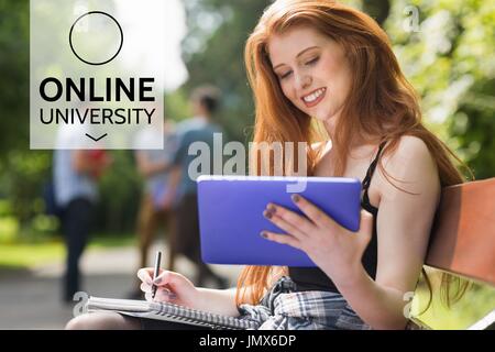 Digital composite of Education and online university text and woman looking at a tablet Stock Photo