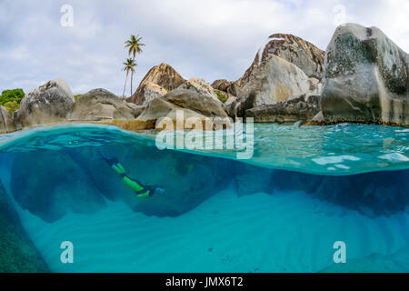 The Baths, Splitlevel with snorkeler and bloulder, The Baths, Virgin Gorda Island, British Virgin Islands, Caribbean Sea Stock Photo